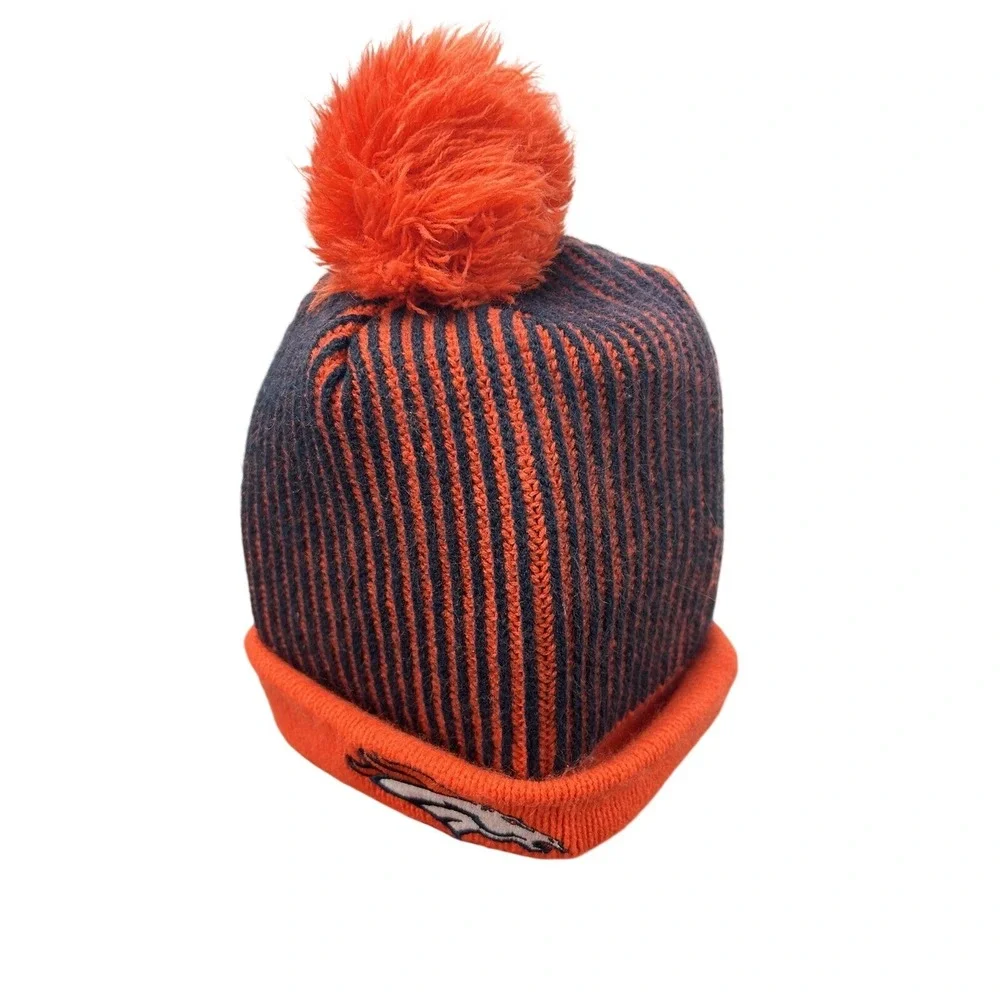 NFL Team Apparel Denver Broncos Youth Beanie Orange Navy‎ Blue Striped Pom Hat